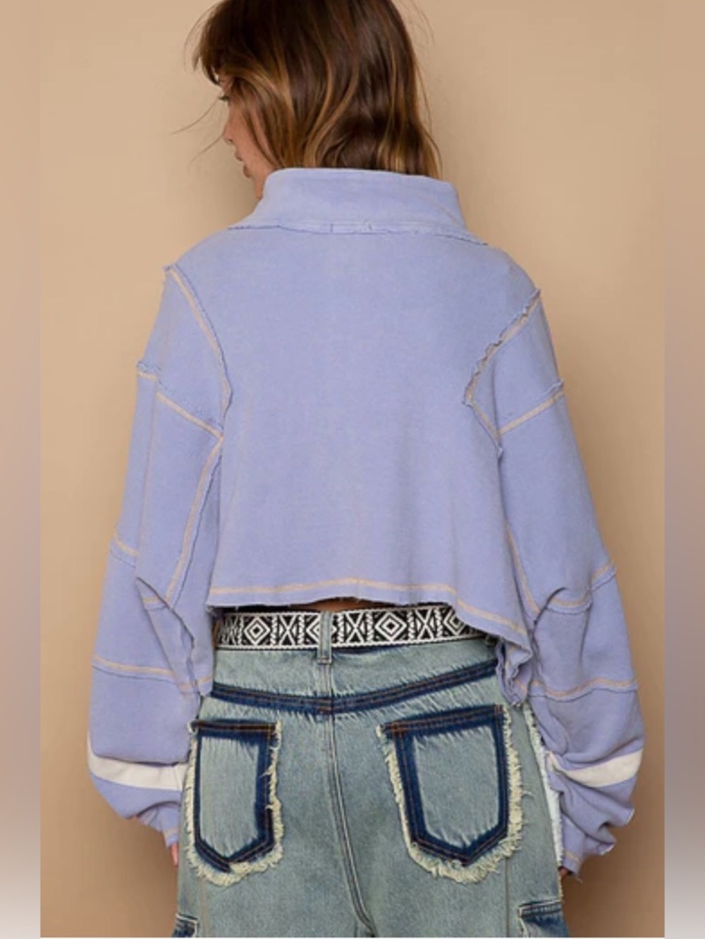 POL Evening Blue Distressed Cropped Half Zip Up Lightweight Sweater Large - Picture 2 of 9